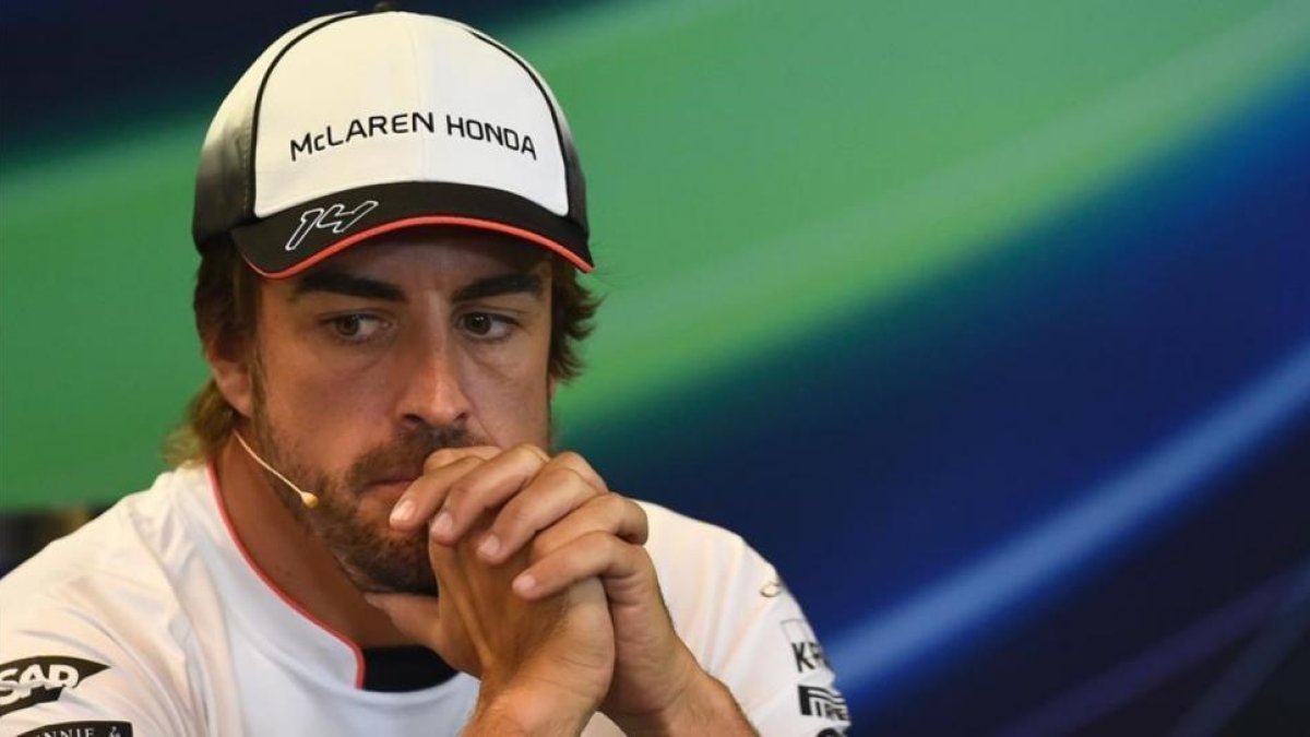 Fernando Alonso, en la conferencia de prensa de Spa.-AFP / JOHN THYS