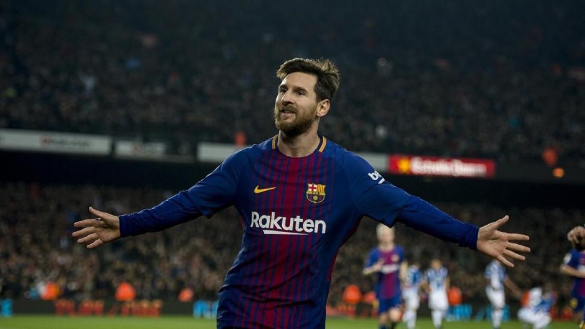 Messi celebra el segundo gol del Barça ante el Espanyol.-JORDI COTRINA