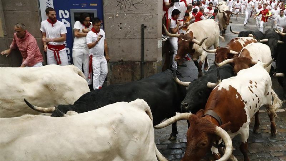 Los toros de la ganadería de Fuente Ymbro, que participa en los sanfermines desde hace trece años, han corrido hoy el cuarto encierro de este año.-EFE