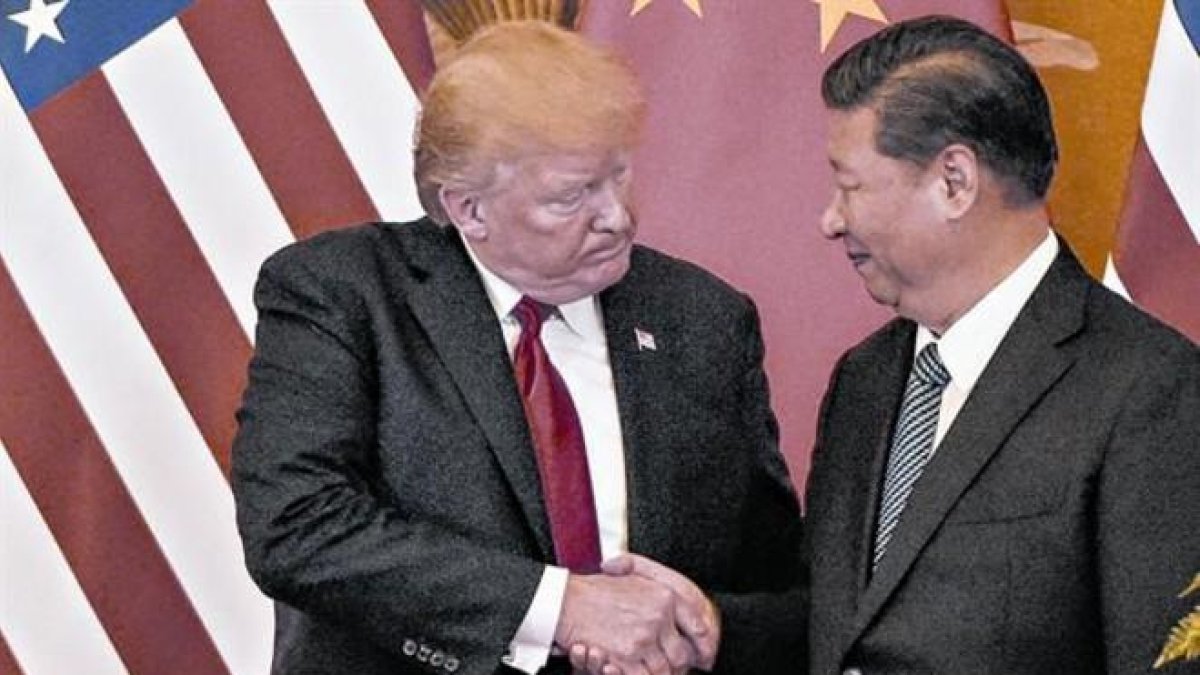 Donald Trump y Xi Jinping se saludan, tras una rueda de prensa conjunta celebrada en Pekín.-AFP / FRED DUFOUR