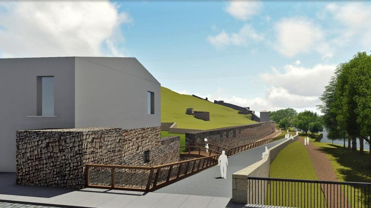 Recreación de la muralla restaurada, en su entrada por desde el puente de piedra.-Ayuntamiento de Soria
