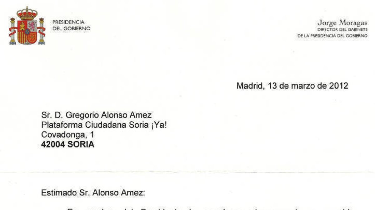 Carta del Ministerio de la Presidencia remitida a Soria Ya.-