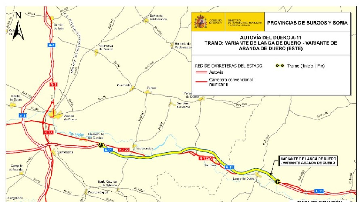 Mapa con el trazado del tramo Langa-Aranda. HDS