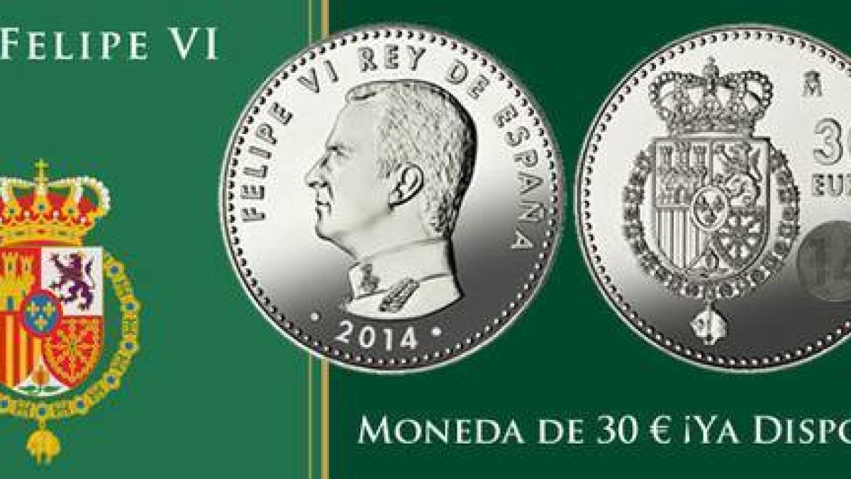 Moneda conmemorativa de 30 euros con la cara de Felipe VI.-