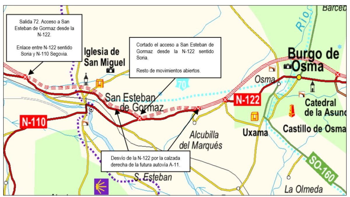Mapa de cómo se regulará el tráfico en la zona afectada por las obras de la A-11. HDS