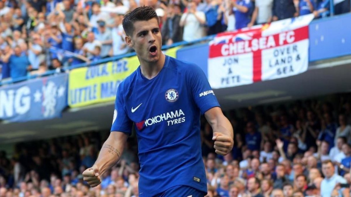 Morata celebra su tanto ante el Everton-REUTERS / HANNAH MCKAY
