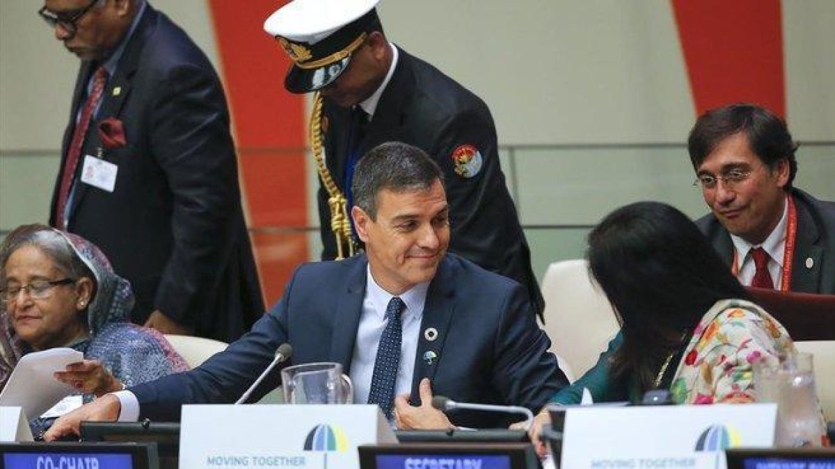 El presidente del Gobierno espanol  Pedro Sanchez durante su participacion en la reunion de alto nivel sobre Cobertura Sanitaria Universal, este lunes en Nueva York.-EFE / EDUARDO MUÑOZ