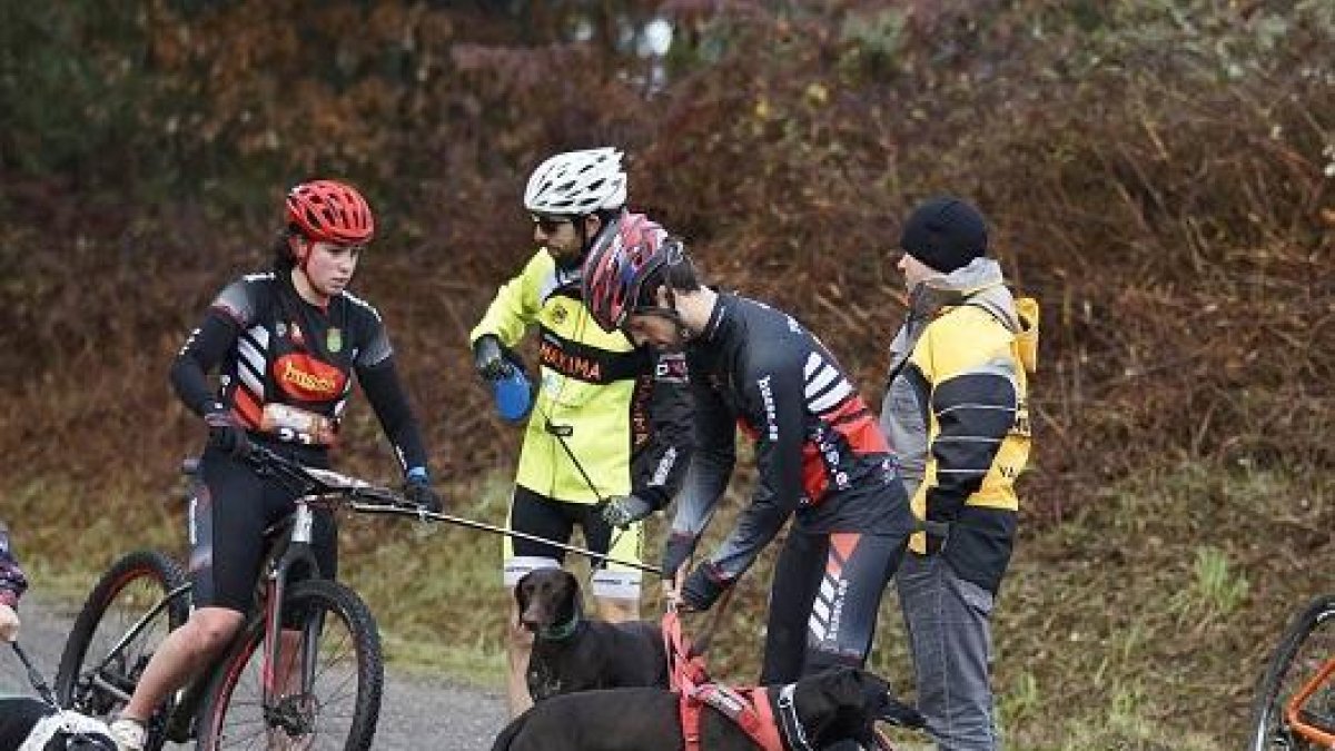 Sara Rodríguez, con casco rojo, se prepara para salir con Bambú y Jorge García ajusta la correa.-Santi M. Amil/La Voz de Galicia