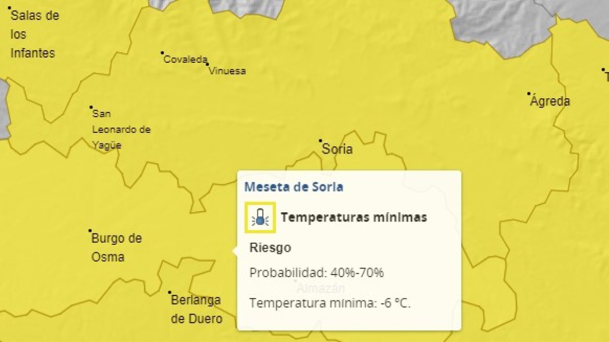Mapa con las alertas amarillas por heladas para este viernes en toda Soria. AEMET