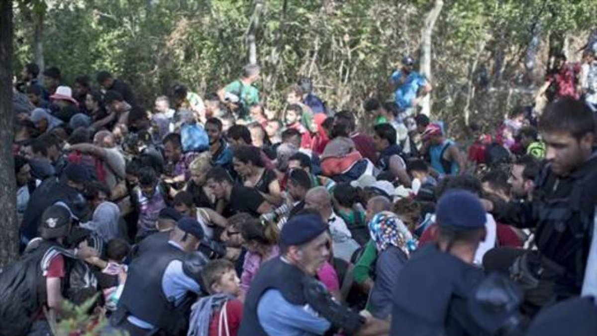 Inmigrantes y refugiados rompen el cordón policial en Tovarnik, este jueves.-