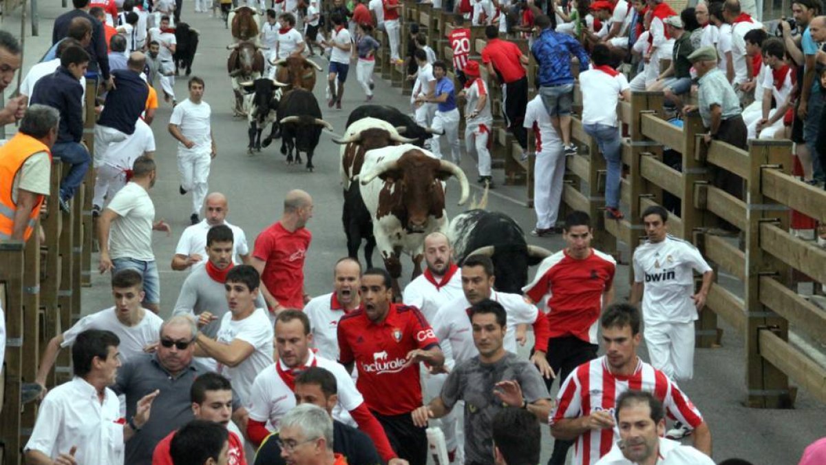 Imagen del primer encierro de las Fiestas de Tudela 2015, en una imagen de ayer.-DIARIO DE NOTICIAS
