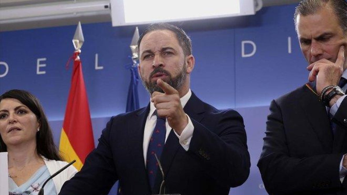 Santiago Abascal, en una rueda de prensa de Vox en el Congreso de los Diputados.-DAVID CASTRO