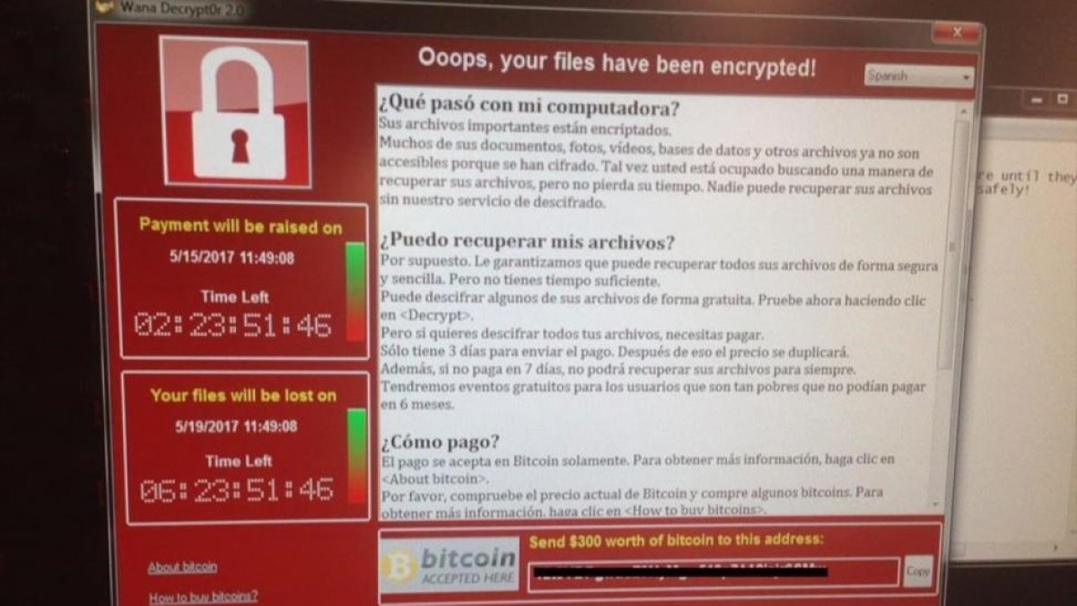 Pantallazo del virus informático Wanna Cry-