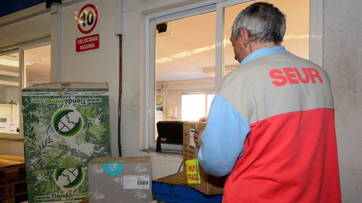Un operario de la empresa de reparto Seur manejando un paquete en la sede de Soria.-ÁLVARO MARTÍNEZ
