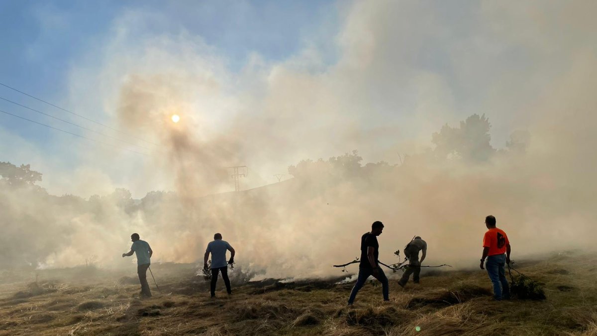 Los vecinos de Sotillo sofocan el incendio declarado en una parcela. HDS