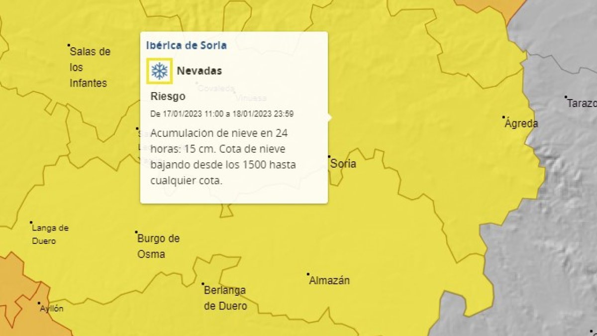 Mapa con los avisos activos de la Aemet para Soria este miércoles. HDS