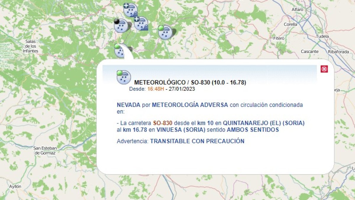 Aviso de la DGT entre Vinuesa y El Quintanarejo por la nieve. HDS