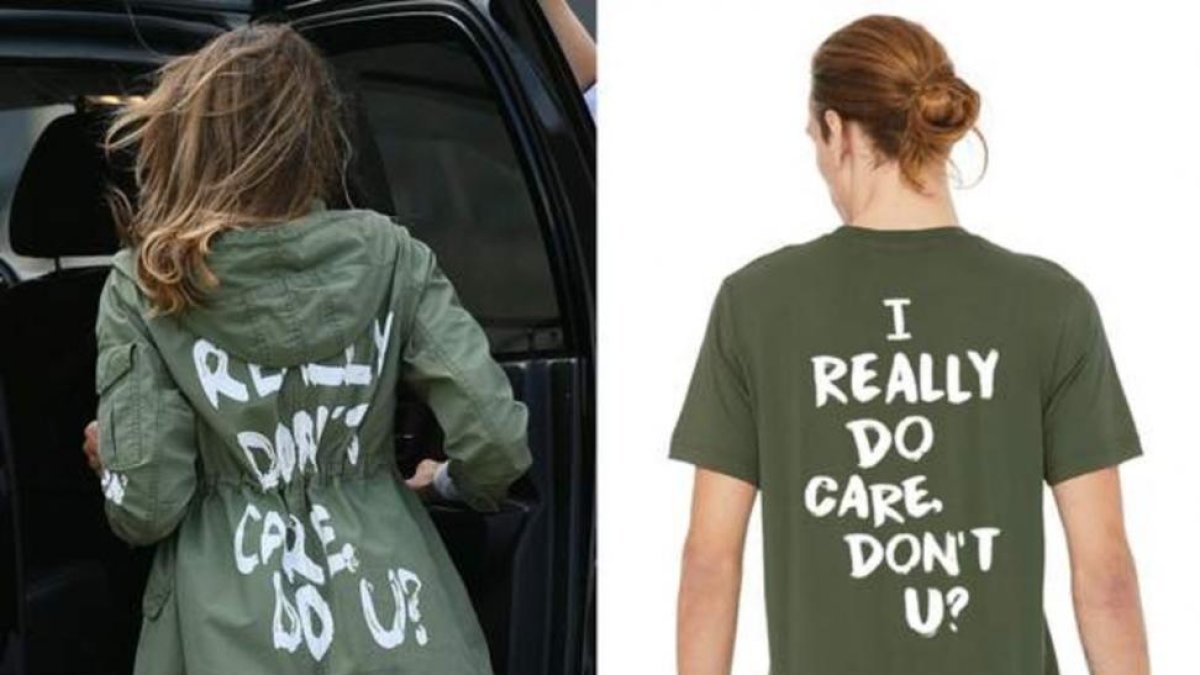 A la izquieda, Melania Trump con la polémica chaqueta. A la derecha, la gabardina con un mensaje solidario de una compañía de Portlan-EL PERIÓDICO