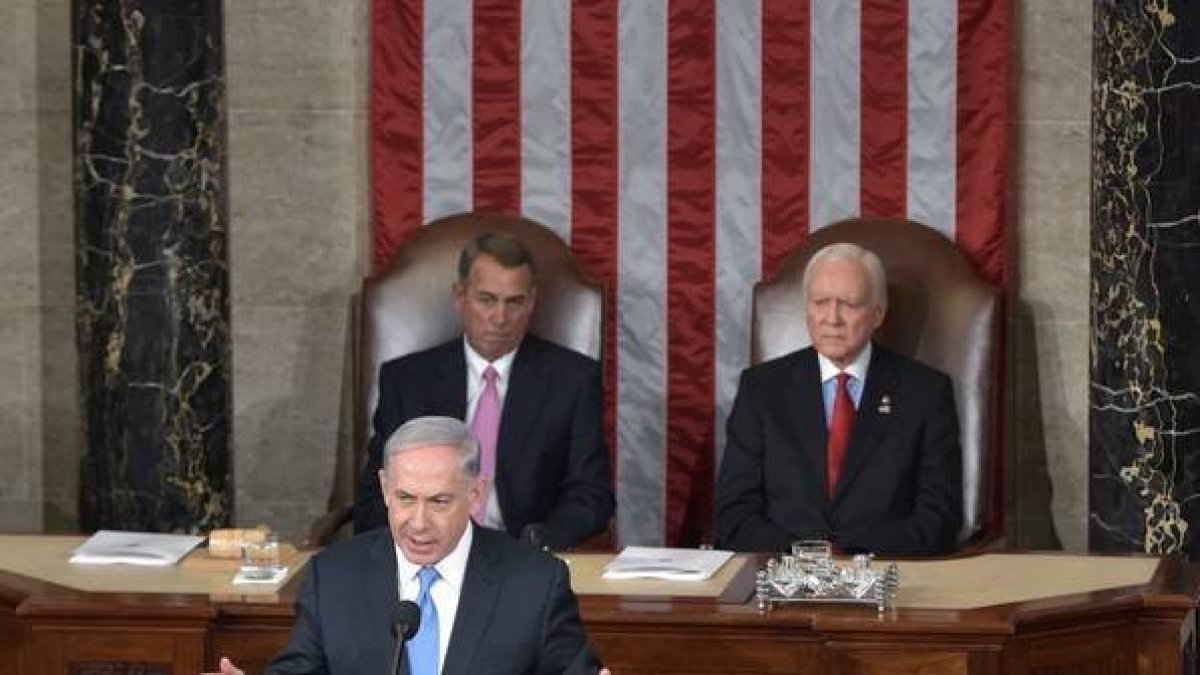 El primer ministro israelí, Binyamin Netanyahu, en su discurso ante el Congreso de EEUU.-Foto: AFP / MANDEL NGAN