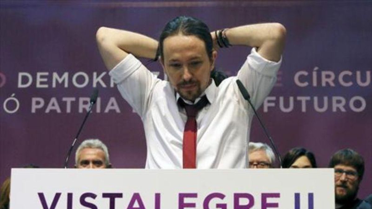 Pablo Iglesias, en una intervención durante la reunión de Vistalegre 2, el pasado mes de febrero.-JUAN MANUEL PRATS