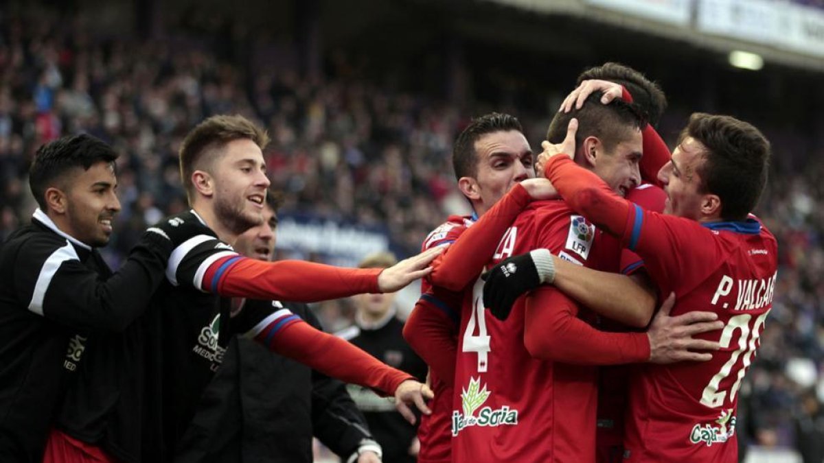 Los jugadores del Numancia celebran el segundo gol de Pedraza.-MIGUEL ÁNGEL SANTOS