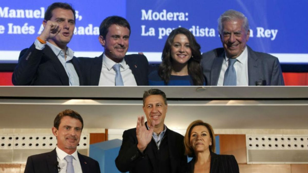 Manuel Valls, arriba, en el acto de Ciutadans, y debajo, en el del PPC, este sábado.-/ ALBERT BERTRAN