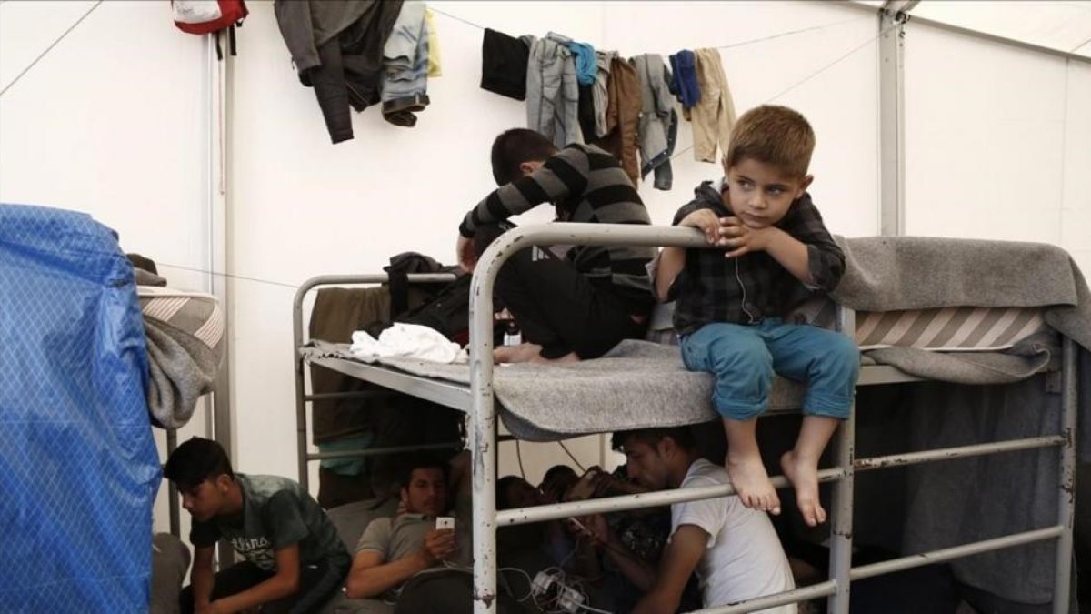 Una familia afgana encuentra refugio dentro de una tienda en un campamento de tránsito al oeste de Atenas.-EFE / YANNIS KOLESIDIS