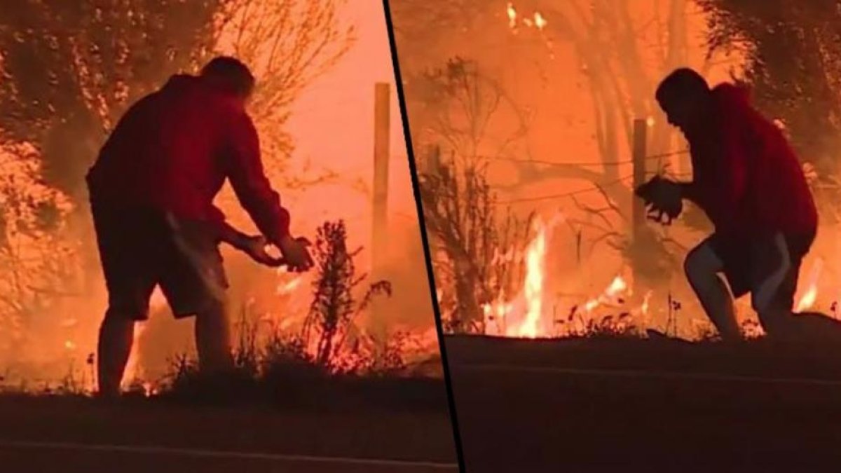Captura del vídeo en que se ve a un hombre salvando a un conejo de morir en las llamas de los incendios de California.-YOUTUBE