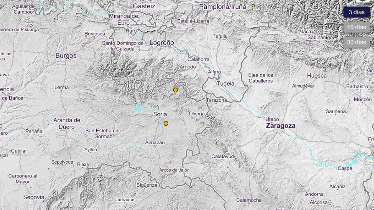 Ubicación de los terremotos en Alconaba y San Pedro Manrique en el mapa del Instituto Geográfico Nacional. HDS