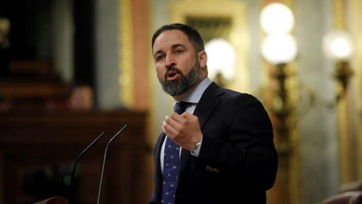 El presidente de Vox, Santiago Abascal, durante su intervención en el Congreso de los Diputados.-EFE