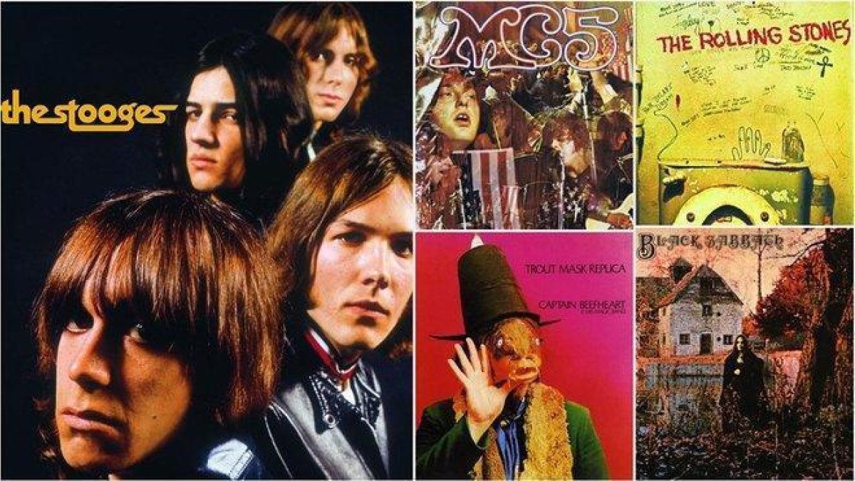 Portadas de ’The Stooges’ de The Stooges; ’Kick out the jams’, de MC5; ’Beggars banquet’, de The Rolling Stones; ’Trout mask replica’, de Captain Beefheart, y ’Black Sabbath’, de Black Sabbath.-