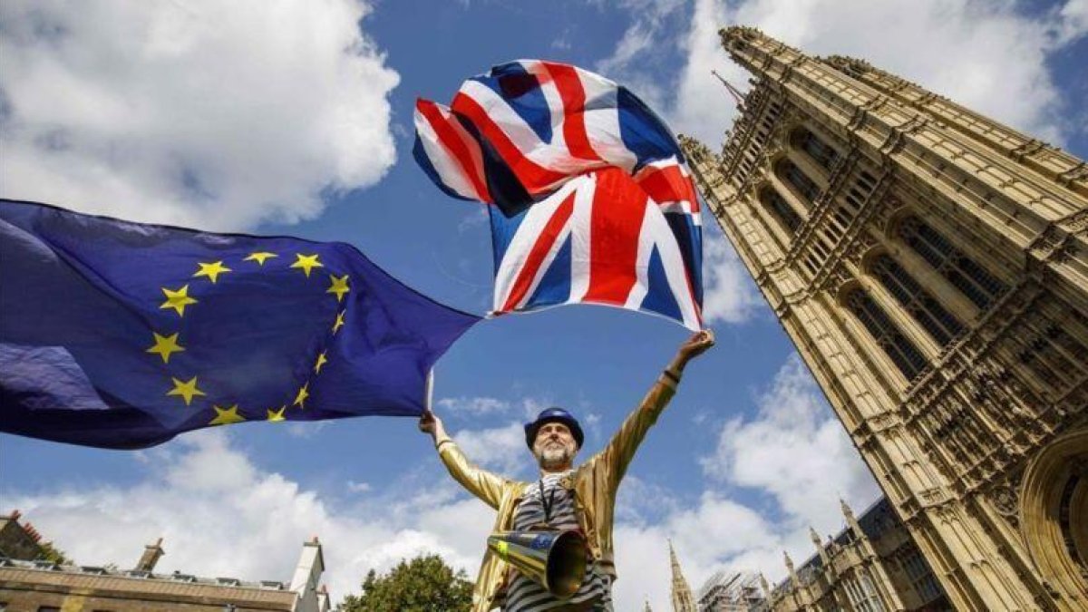 Un manifestante ante la sede del Parlamento británico.-TOLGA AKMEN / AFP