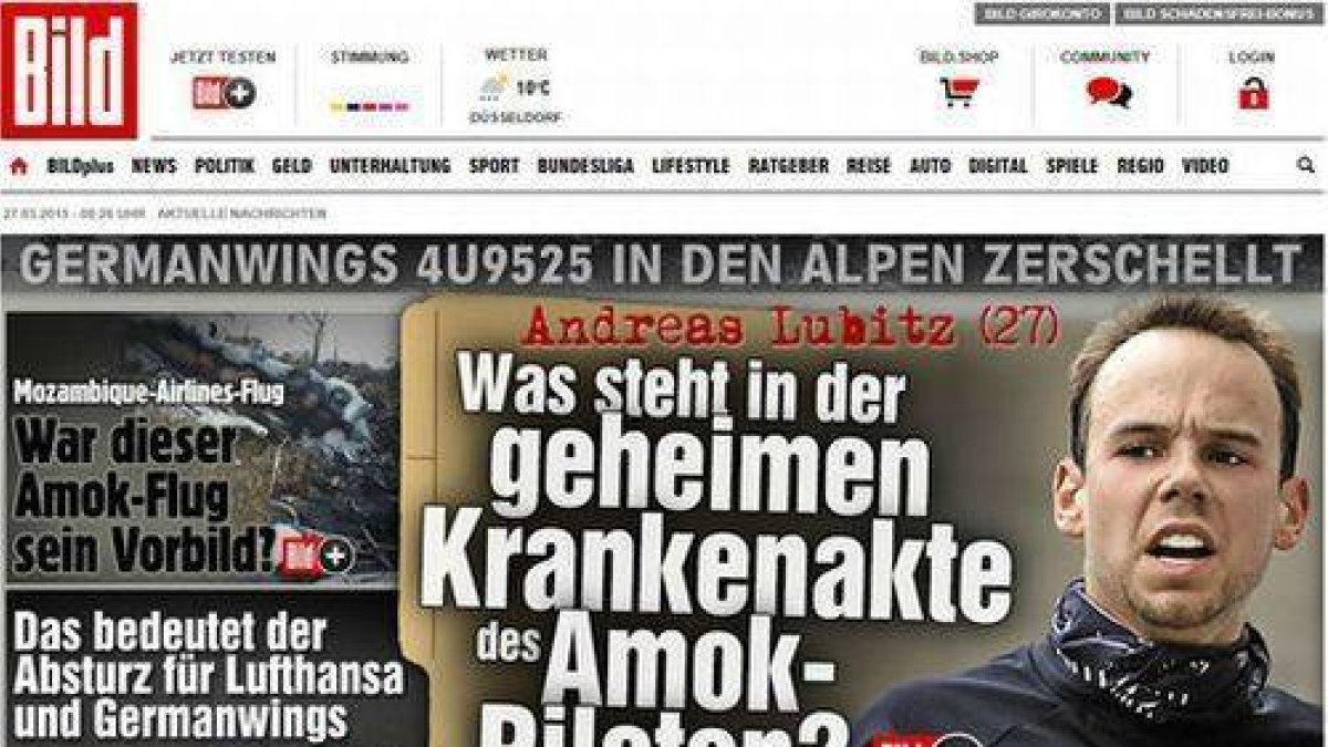 La portada del sensacionalista 'Bild', con una foto de Andreas Lubitz y el titular 'Amok-piloten', 'piloto psicópata'.-