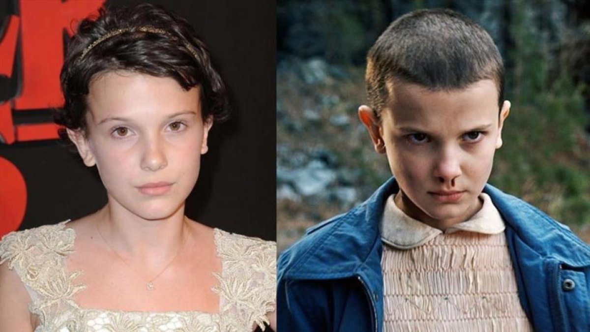 La actriz Millie Bobby Brown y, a la derecha, en su papel de Once en 'Stranger things'.-