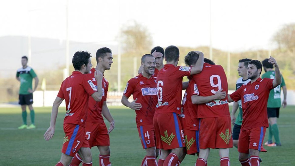 Los jugadores del Numancia B celebran uno de los cuatro goles que ayer le marcaron al Villamuriel.-Diego Mayor