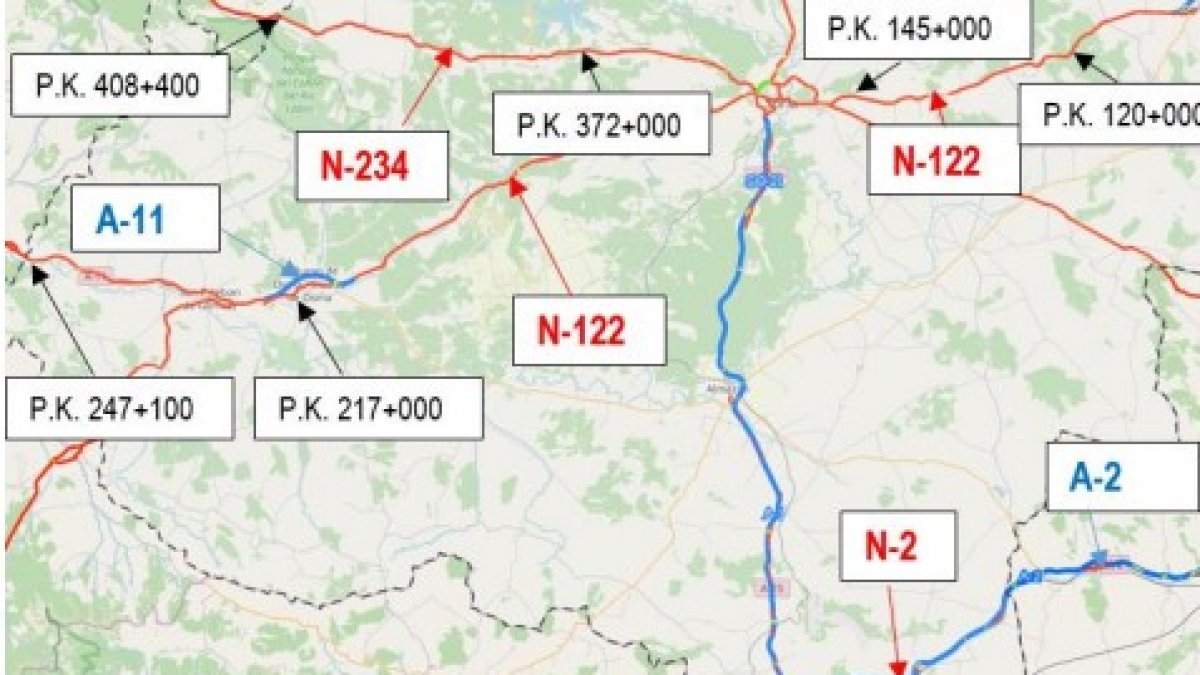 Mapa con los puntos kilométricos donde se prevé la actuación. HDS