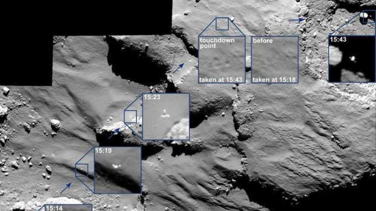 magen facilitada por la Agencia Espacial Europea (ESA) hoy 17 de noviembre de 2014 que muestra el aterrizaje del módulo Philae sobre la superficie del cometa 67P/Churyumov-Gerasimenko-Foto: EFE