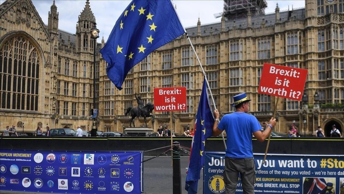 Protesta contra el brexit ante el Parlamento en Londres, este jueves.-EL PERIÓDICO