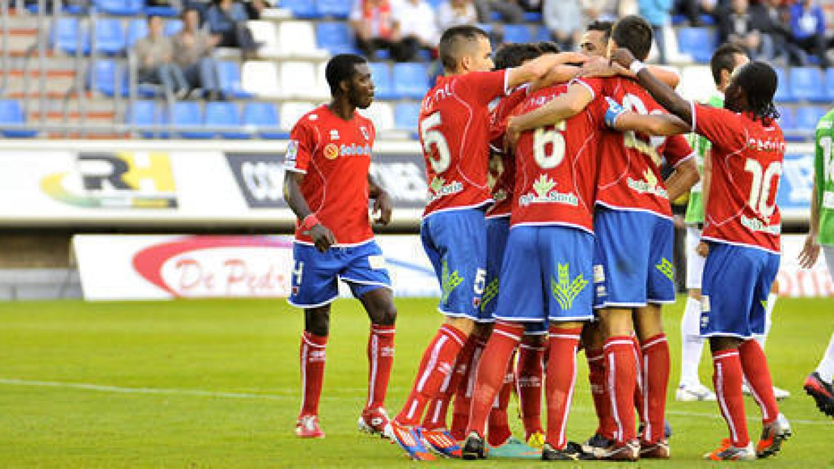 Los jugadores del Numancia celebran uno de los goles anotados en 2012. / D. Mayor-