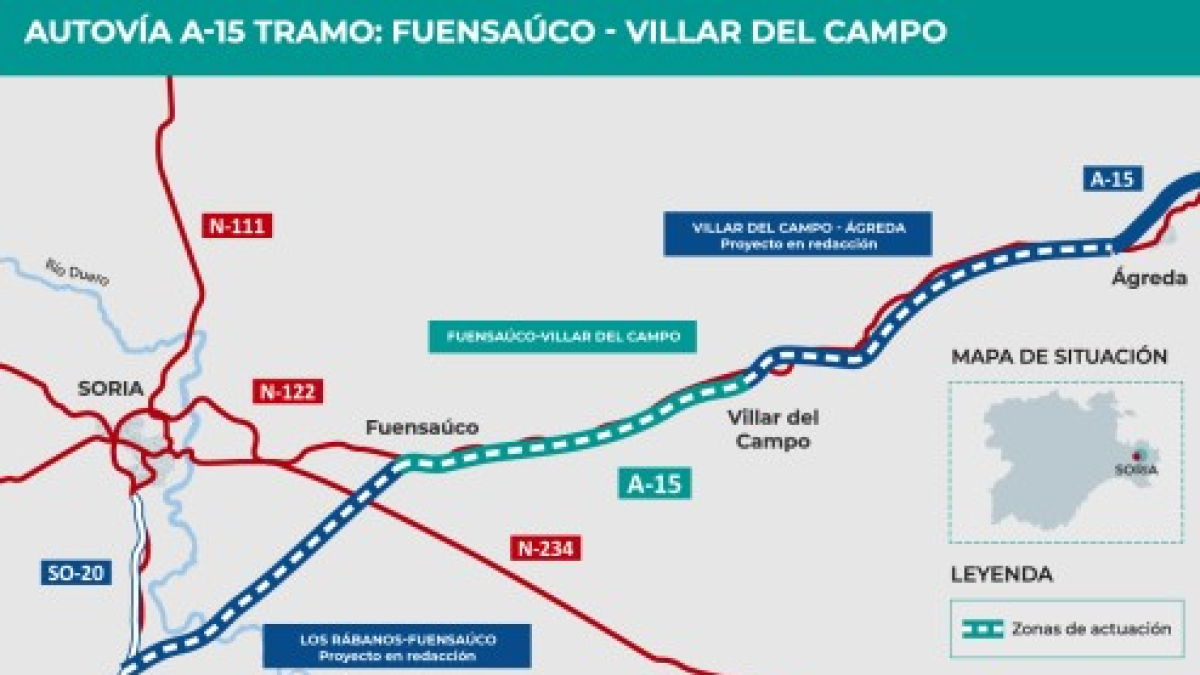 En verde, el tramo de la autovía A-15 en licitación; en azul, los que están en redacción del proyecto.