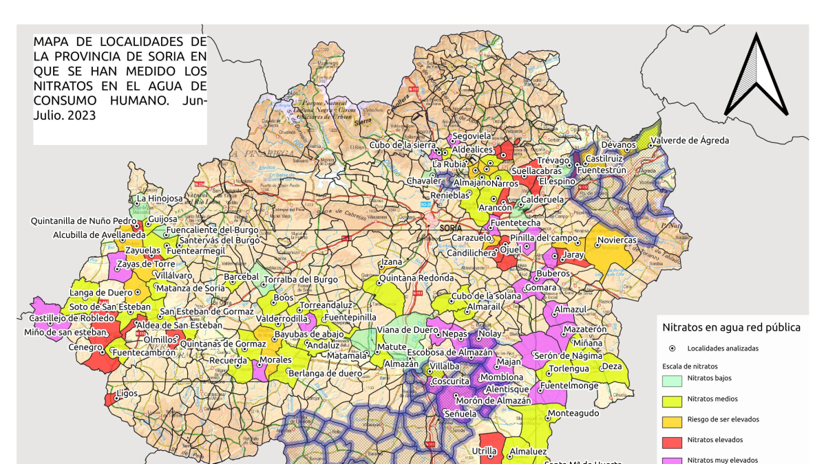 Mapa de la incidencia de nitratos según Asden.