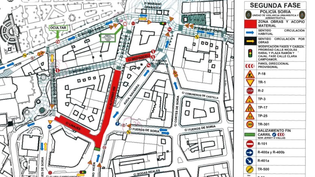 Mapa de la reordenación del tráfico en el centro de Soria desde este lunes.