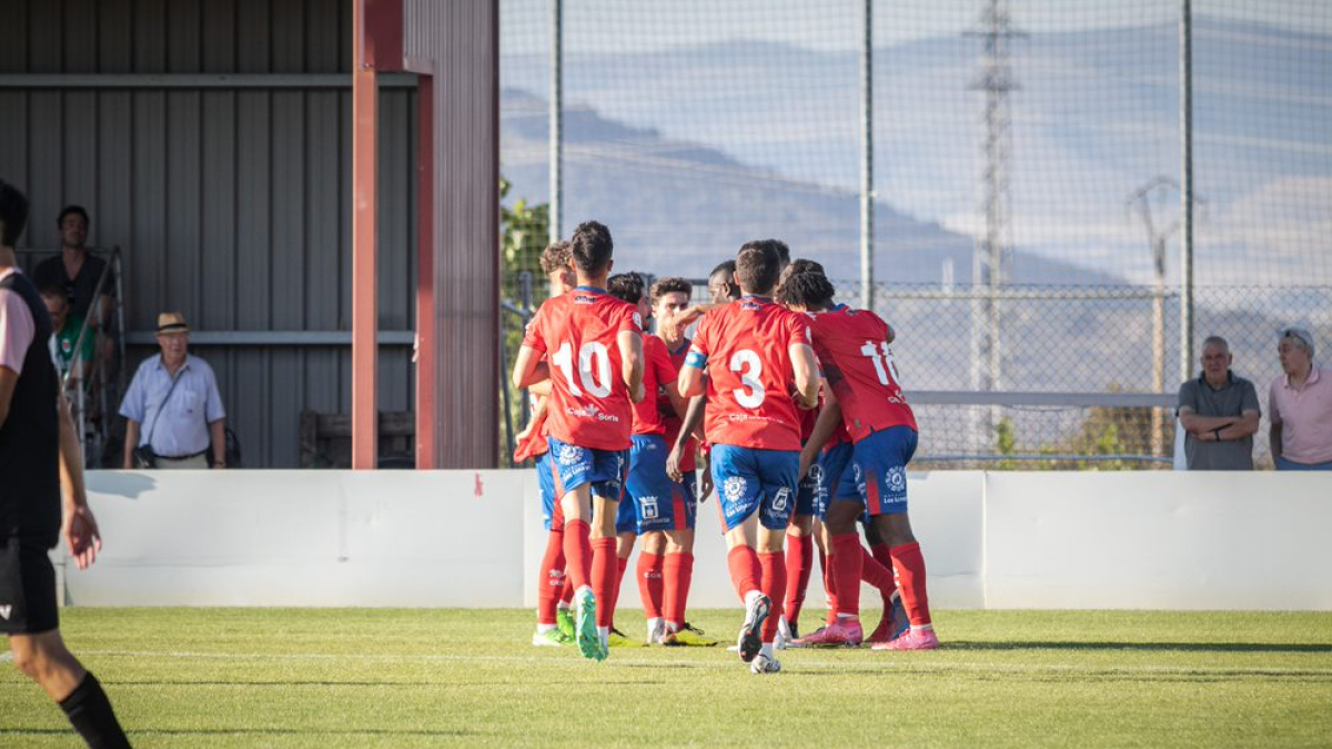 Los jugadores rojillos celebran el gol ante el Palencia.