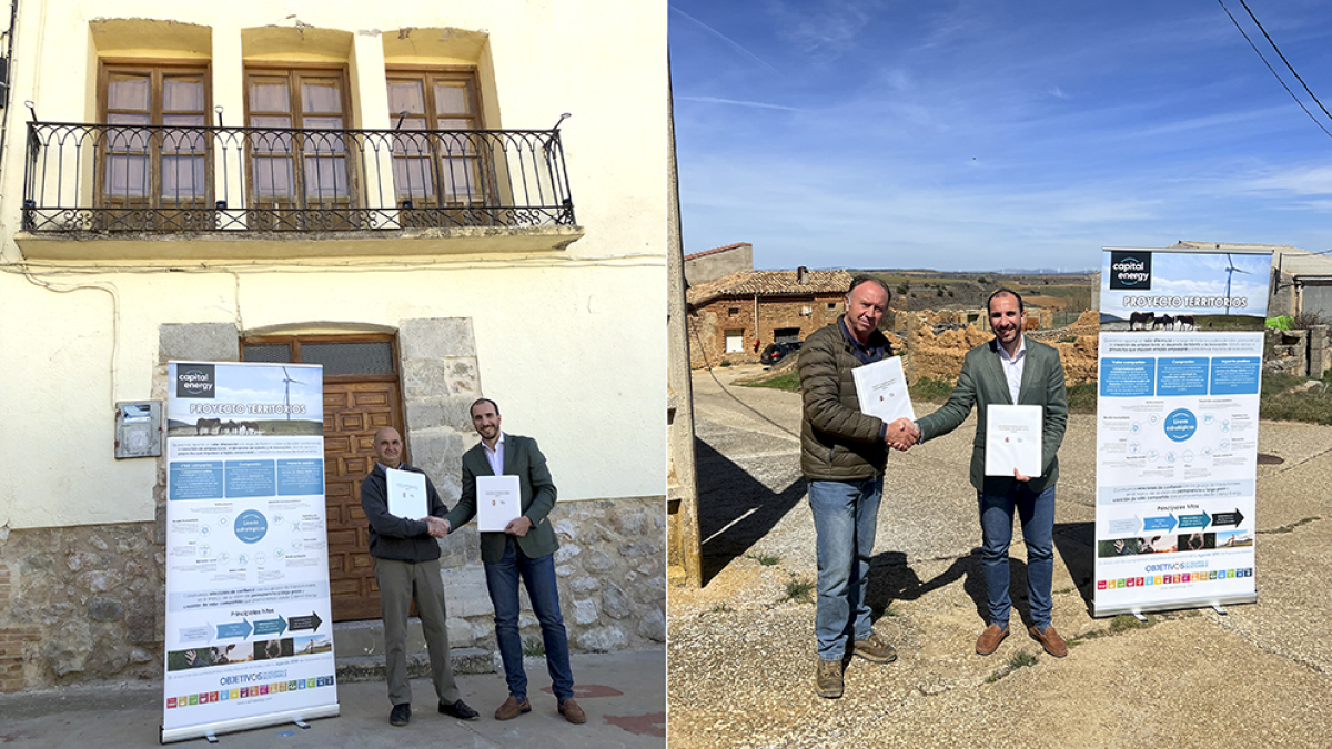 El responsable de Capital Energy con los alcaldes de Cihuela (a la izquierda) y el de Maján (a la derecha).