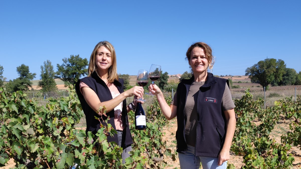Emma Villajo y María José García Moreno brindan en una de las fincas en las que nacen los vinos de la marca 12 Linajes.
