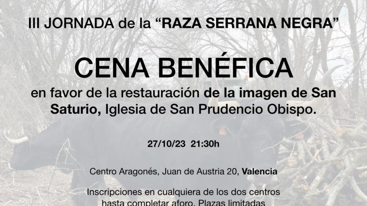 Cartel de la céna benéfica de la Casa de Soria en Valencia para ayudar a la restauración de un San Saturio.