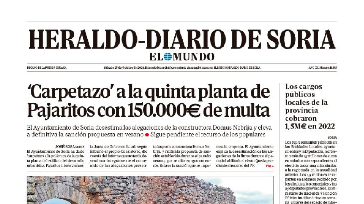 Portada de Heraldo-Diario de Soria del 28 de octubre de 2023.