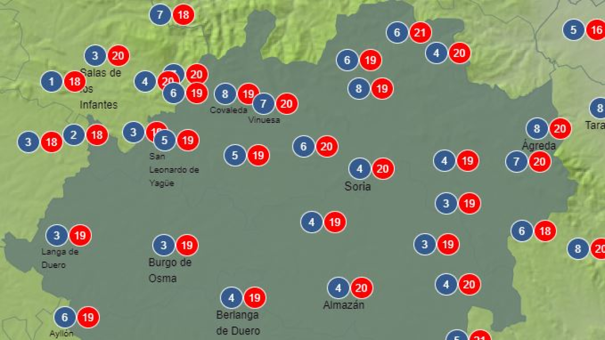 Previsión de las temperaturas para este miércoles 24 en Soria de la Aemet.