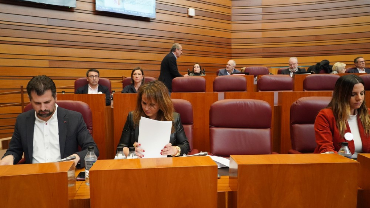 Parte de la bancada socialista en el hemiciclo con el escaño vacío de Ángel Hernández entre Patricia Gómez y Nuria Rubio. ICAL