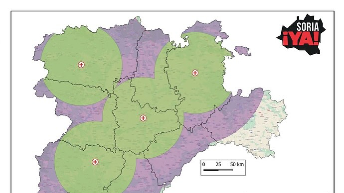 Mapa presentado por Soria Ya en el que se consignan los tiempos de respuesta de los helicópteros sanitarios.